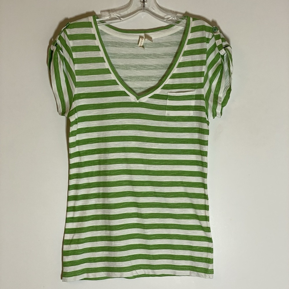 Red Camel Top Womens Large Green White Stripe V Neck Pocket Casual Stretch Fun M